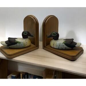 Vintage Hand Painted Ceramic Mallard Duck Decoy Wooden Set Of Decor Bookends